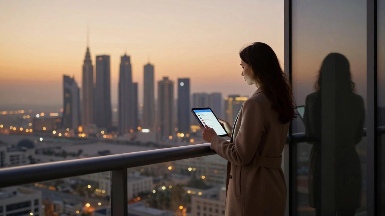 A silhouette of a Russian woman on a Dubai balcony at sunset, holding a tablet with city lights behind her.
