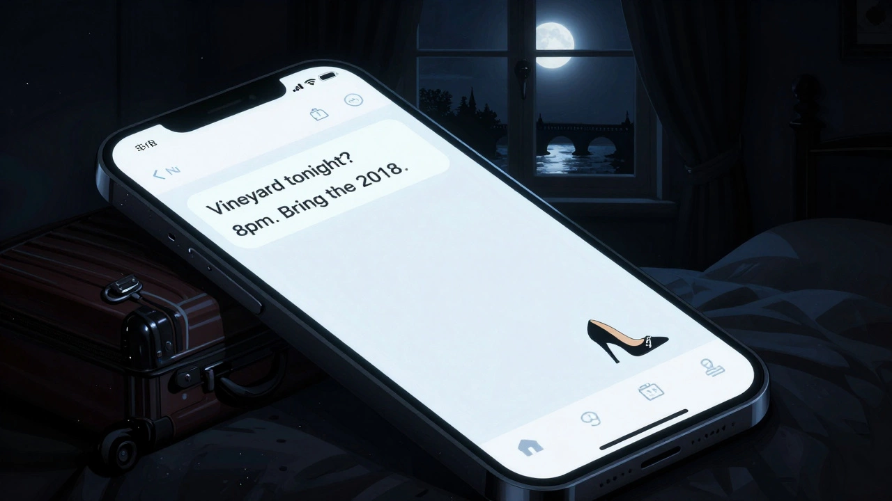 A smartphone screen displays coded messages in a dark room, with Bordeaux’s bridge visible outside, suggesting private, discreet communication.