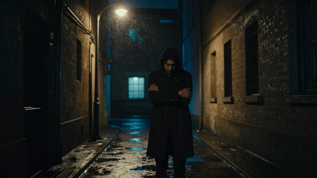 A solitary figure in a dim alley, surrounded by the silent tension of hidden encounters.
