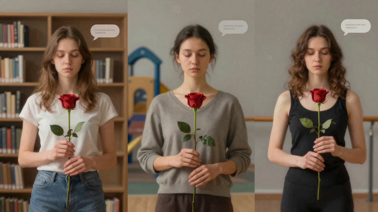 Three obscured Russian women, each holding a rose, representing different lives behind the escort industry.