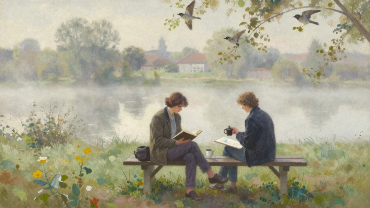 Two people sit in silent companionship on a riverside bench in Bordeaux, sharing coffee under morning mist, no signs of payment or obligation.